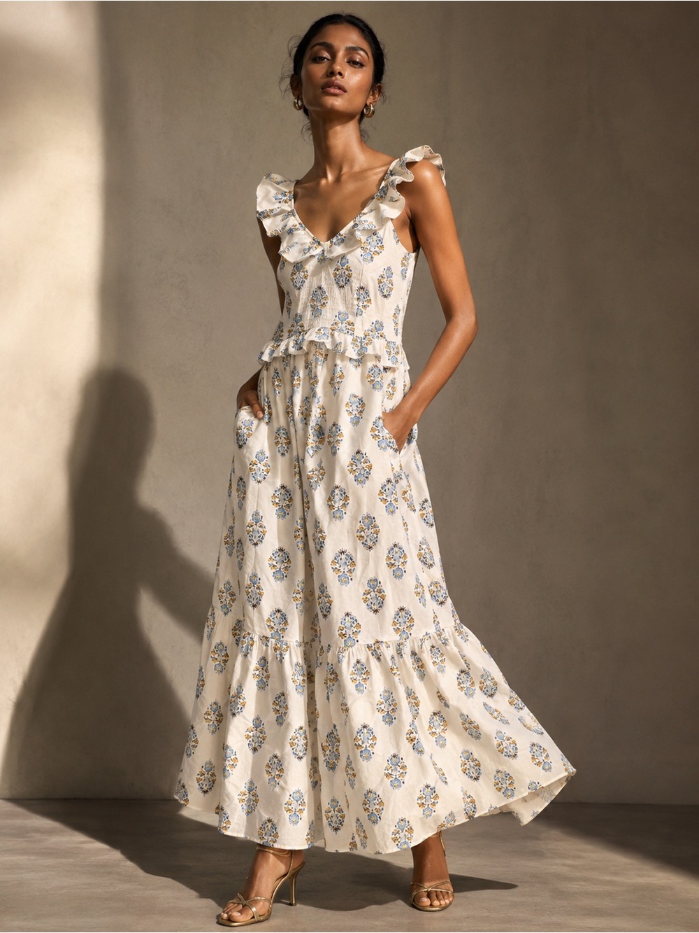 J. Crew Cream Maxi Dress with Blue and Yellow Floral Print cottagecore size 0